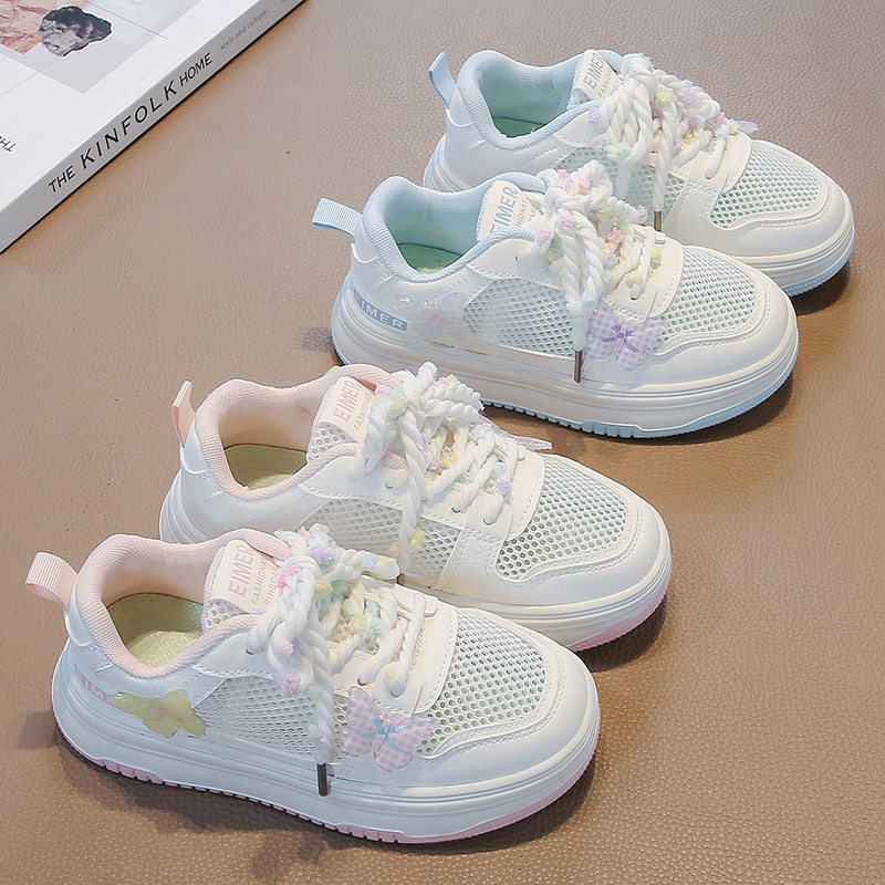 女童小白鞋儿童蝴蝶结网纱透气板鞋2026新款大童轻便休闲运动潮鞋