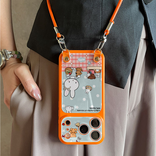 适用于苹果17promax手机壳柔彩PC野餐兔子iphone14/16pro套硅胶带挂绳全包防摔15套斜跨高级感新款女13PRO