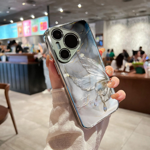 用于华为pura70proUltra手机壳电镀玻璃闪粉蝴蝶p40高级感p50e全包防摔P60外新款网红男女潮牌P70pro十套硬