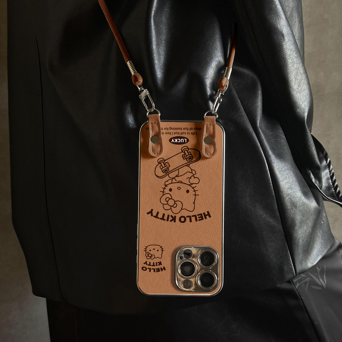 适用于苹果17promax手机壳带挂绳滑板KT猫iphone14/16pro套硅胶xs全包防摔斜跨15ultra套网红11新款xr女13PRO