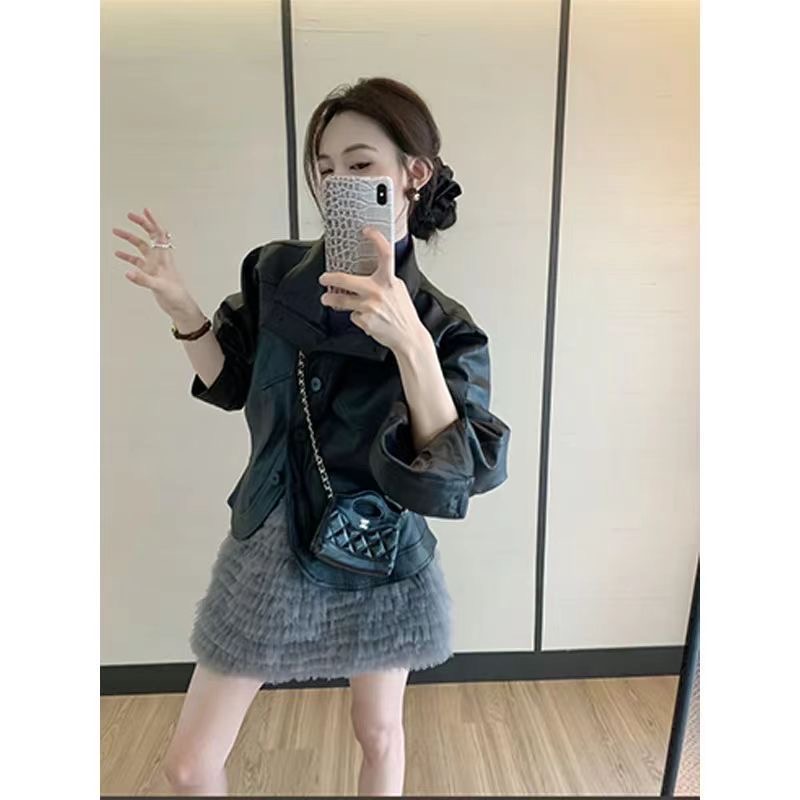 法式INS风少女风休闲风2025秋季新款时尚套装外套皮衣性感半裙女