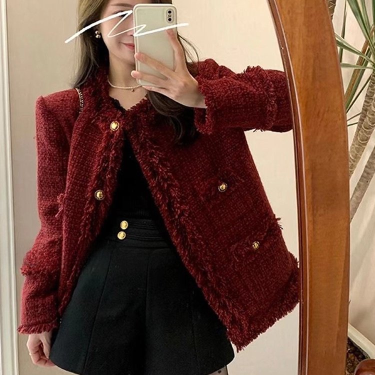 FFmiss◆小香风红色编织毛毛宽松短外套女羊毛呢流苏洋气西装开衫