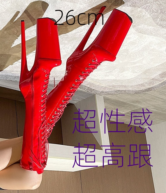 欧美中筒靴细跟漆皮恨天高钢管舞
