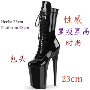 新款定制欧美20cm钢管舞高跟鞋情趣包头26cm性感模特走秀漆皮短靴