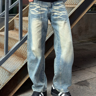浅蓝扎染水洗牛仔裤 做旧春秋穿宽松遮肉高街潮范不挑腿型高街潮感