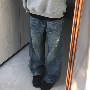 适配灰蓝阔腿垂坠感潮男牛仔长裤 做旧水洗工艺四季 高街长裤 美式