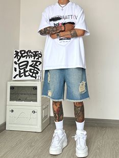 潮流复古宽松阔腿直筒中腰五分裤 夏季 男美式 薄款 破洞毛边牛仔短裤