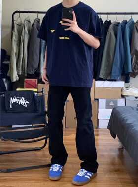 修身微喇牛仔裤男款美式高街水洗做旧复古直筒显瘦黑色裤子百搭潮