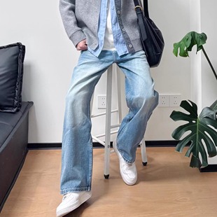 适配浅蓝垂坠感潮男阔腿牛仔长裤 美式 高街做旧渐变水洗工艺四季