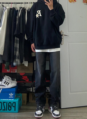 高街黑色牛仔裤男百搭宽松秋冬直筒显瘦美式裤子vibe欧美ins潮裤