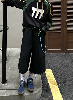 美式高街复古黑色直筒七分裤男潮款休闲百搭宽松阔腿牛仔裤高级感