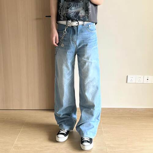 美式复古高街水洗蓝牛仔裤男