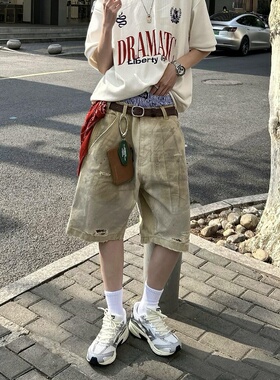夏季浅卡其复古做旧脏染破洞阔腿五分裤男潮款双腰头吻印牛仔短裤