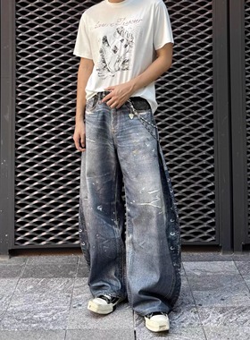 美式复古高街3D打印花弯刀牛仔裤男休闲Oversize百搭宽松阔腿长裤