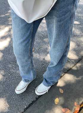 美式简约vibe裤子美式高街蓝色直筒牛仔裤男女夏季薄款水洗微喇裤