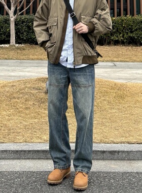 复古街头vibe水洗做旧拼接设计直筒牛仔裤男潮款简约休闲裤高级感