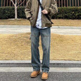 高级感 简约休闲裤 复古街头vibe水洗做旧拼接设计直筒牛仔裤 男潮款