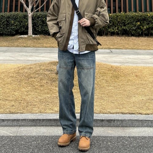 复古街头vibe拼接设计直筒牛仔裤