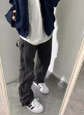 美式复古工装牛仔裤直筒修身春秋款黑色伐木裤百搭裤脚拉链男女潮