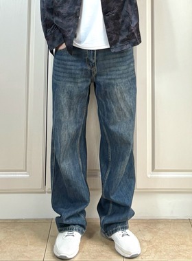 美式复古深蓝色水洗百搭宽松牛仔裤男cleanfit风直筒垂感长裤子潮