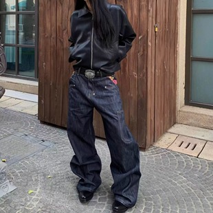 装 高街风潮流休闲裤 饰超宽松阔腿牛仔长裤 深色水洗工艺花卉刺绣装