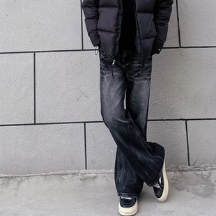 通用松弛垂坠感潮男阔腿牛仔长裤 做旧水洗工艺四季 高街长裤 美式