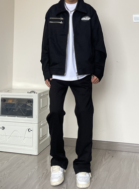 美式复古vibe风高街弹力纯黑色牛仔裤潮牌修身窄版微喇叭直筒裤子