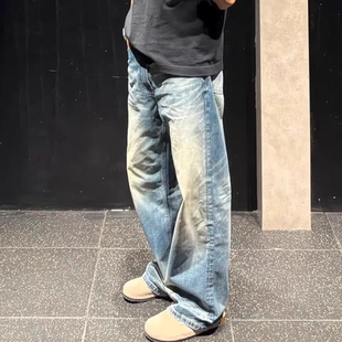 浅蓝做旧水洗阔腿牛仔裤 渐变磨白工艺高街潮酷日常出街休闲潮流