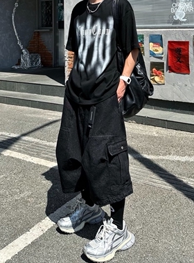 GD美式复古高街大口袋七分裤男小众宽松水洗做旧阔腿牛仔工装中裤