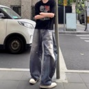 美式 子 街头水洗3D印花弯刀牛仔裤 男休闲Qversize做旧宽松阔腿长裤
