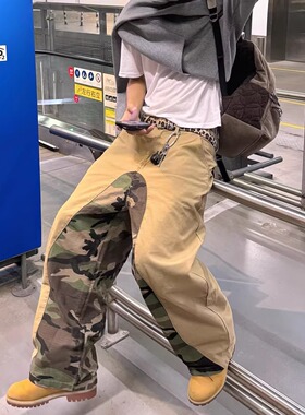 美式高街男款卡其迷彩拼接工装风牛仔阔腿裤做旧复古街头潮流宽松