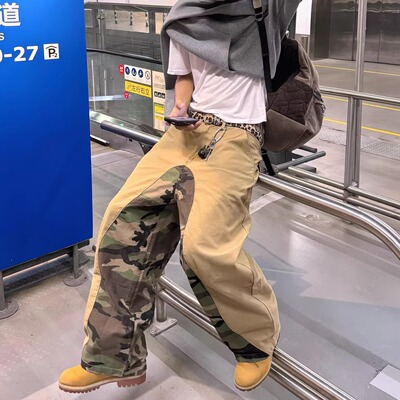 美式高街男款卡其迷彩拼接工装风