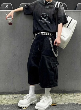 美式宽松夏季七分牛仔裤男宽松黑色裤子大口袋设计款显瘦百搭潮牌