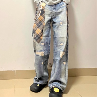 欧美复古水洗格子衬衫打印牛仔裤