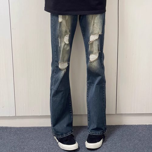 美式小众高街日常休闲磨破洞修身牛仔裤男女cleanfit风微喇长裤子