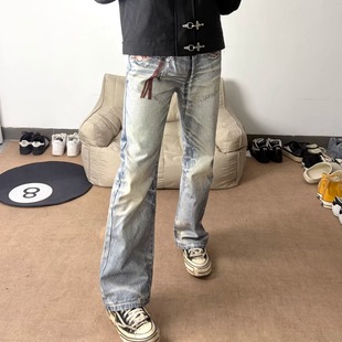装 复古高街风潮流休闲裤 饰宽松直筒牛仔长裤 做旧水洗工艺流苏装