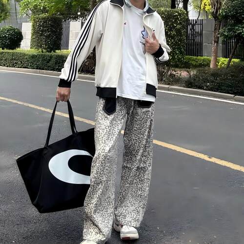 阔腿豹纹牛仔裤拼接直筒百搭长裤