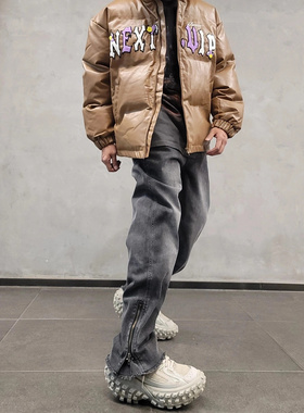 vibe风美式高街牛仔裤男女设计款直筒宽松阔腿黑色ins潮流拉链裤