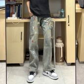 美式 子 显瘦直筒长裤 复古做旧休闲泼墨彩虹百搭牛仔裤 男vibe风修身