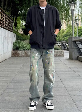 美式高街复古泼墨彩虹色涂鸦设计感牛仔裤男休闲修身直筒长裤子潮