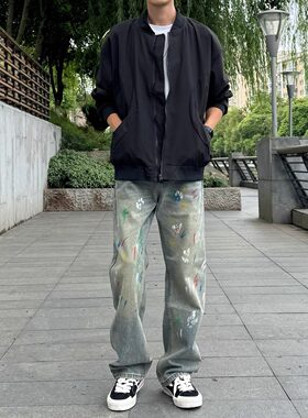 美式高街复古泼墨彩虹色涂鸦设计感牛仔裤男休闲修身直筒长裤子潮