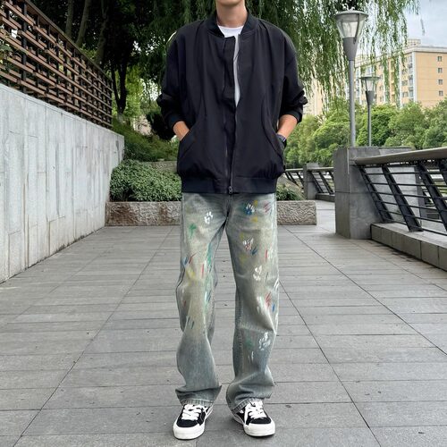 美式高街复古泼墨彩虹色涂鸦设计感牛仔裤男休闲修身直筒长裤子潮