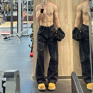 显瘦微喇长裤 美式 男cleanfit修身 牛仔裤 子 复古明线多口袋弯刀工装