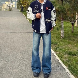 浅蓝做旧水洗阔腿牛仔裤 渐变磨白工艺春秋穿宽高腰显腿复古潮感