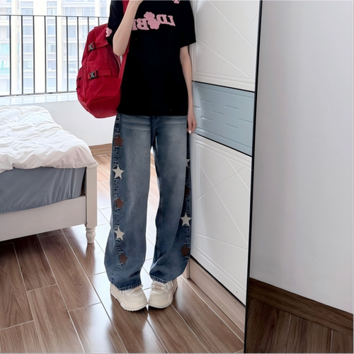 美式复古星星贴布直筒牛仔裤