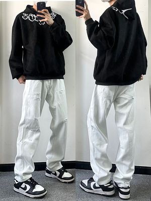 潮款高街vibe风白色破洞牛仔裤男