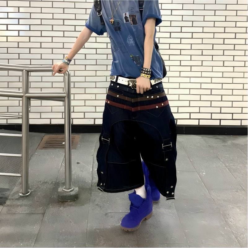 美式街头七分裤男宽松阔腿显瘦牛仔裤水洗复古贴花潮流撞色设计款