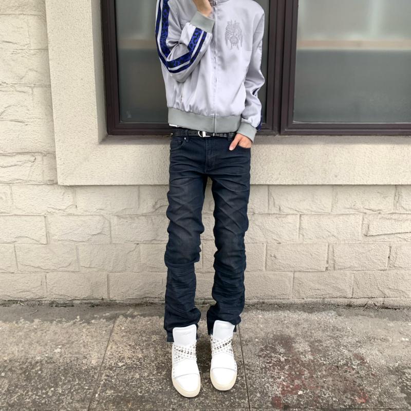 美式复古高街牛仔长裤男女喷脏压褶猫须水洗深蓝紧身弹力轻亚街头