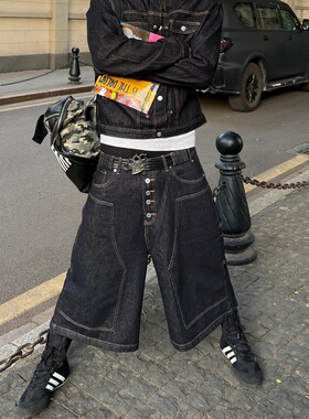 夏季国潮复古原色宽松直筒牛仔裤男潮款排扣工装设计阔腿七分裤子