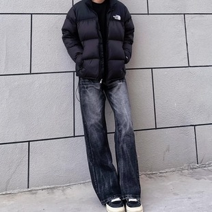 子 男复古休闲阔腿百搭微喇长裤 美式 高街闪电竹节裂纹设计感牛仔裤